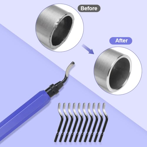 flintronic Universal Deburring Tool Metal Handle Hand Deburring Tool | With 10 replacement blades, 360° rotating blade cutting tool for 3D printers, plastic (1 tool + 11 blades) 11 pieces blue