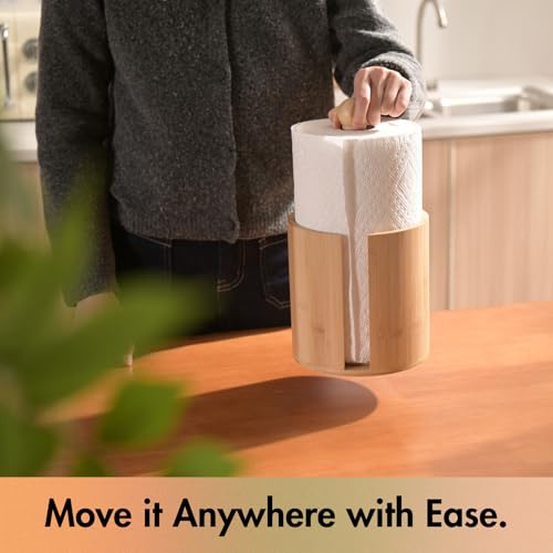 Gobam Bamboo Paper Towel Holder Countertop, Stable Wooden Kitchen Roll Holder with Smooth-Pull Sheet & Anti-Slip Pads, Fits Rolls up to Ø6.3, Wood Standing Towel Dispenser for Farmhouse Home Decor