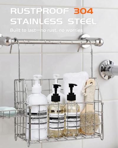Large Rustproof Shower Caddy Hanging, 304 Stainless Steel Hanging Shower Organizer Basket for Bathroom & Bathtub, Over the Rod Shower Rack for Shampoo, Conditioner, Soap & Bath Accessories(Silver) Silver