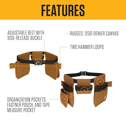 Carhartt brown adjustable utility tool belt with multiple pockets and durable strap design