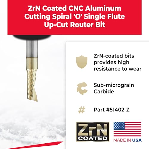 Amana Tool CNC Solid Carbide Spiral O Flute Up-Cut, Aluminum Cutting Router Bit, ZrN Coated, 51402-Z, 1/4 D x 5/8 CH x 1/4 SHK x 2 Inch L 1/4 inch diameter x 2 inch length