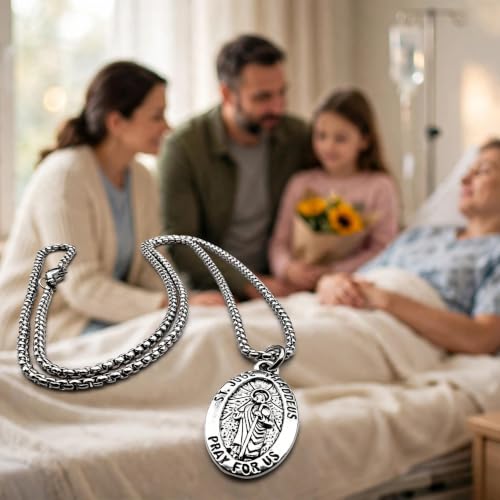 Antique Silver St Jude Thaddeus Medal Necklace on a 24'' Stainless Steel Chain in a Velvet, Drawstring Gift Bag