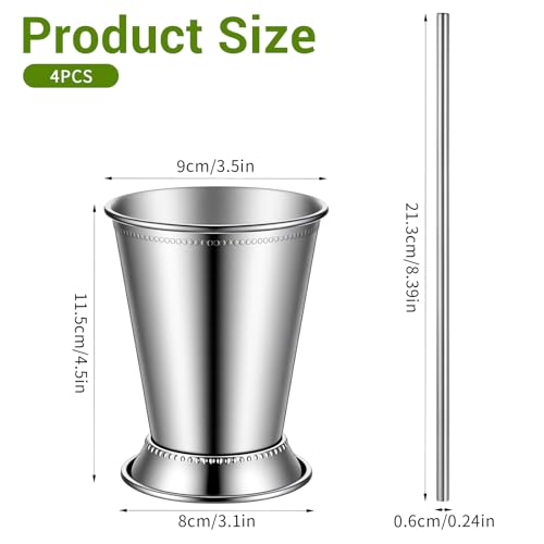 Set of 4 Mint Julep Cups, 12oz, Stainless Steel, Silver