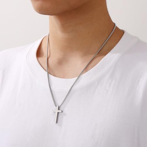 Aretas Stainless Steel Cross Pendant Necklace for Men Boys, Christian Confirmation Baptism Cross Chain with 16-24 Inches Jewelry Easter Gifts 18inch Silver