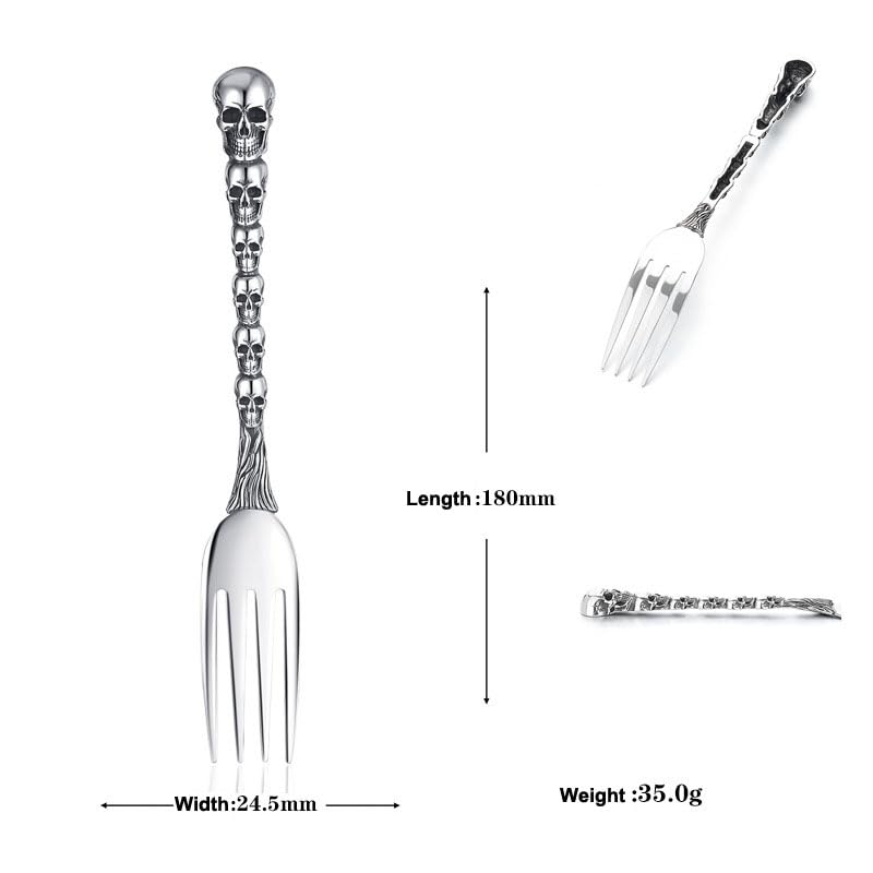 Skull Motif Serving Spoon Fork Set, Premium Stainless Steel Fork Spoon Silverware Set, Unique styles 3D Skulls, Dishwasher Safe, for Home, Kitchen, or Halloween Decorations