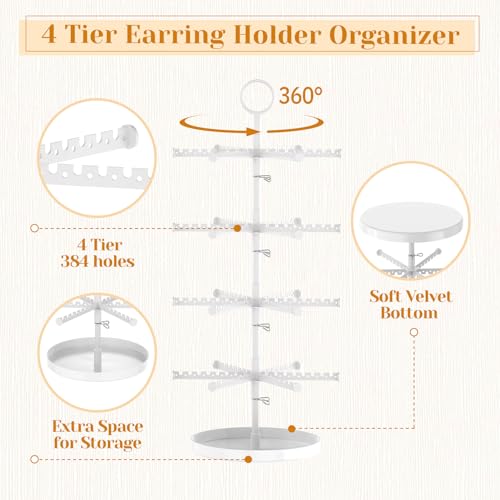 MODOWEY Rotating Earring Holder Organizer Tree Adjustable Display for Women Pearl White 4 Tier, 384 Holes
