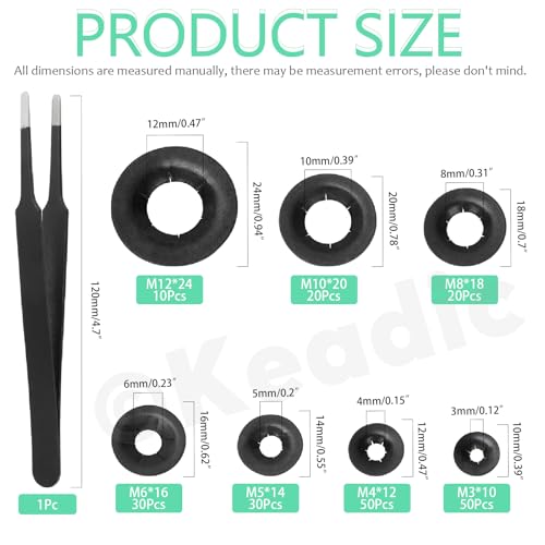 Keadic 211-piece 65Mn steel tooth lock washers and push nuts for dolly wheels, M3-M12 axle sizes