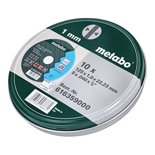 Metabo Promotion Cutting Discs 125 x 1.0 x 22.23 Stainless Steel Pack of 10 in Metal Tin, 6.16359.00 | Thin stainless steel cutting discs TF 41 for metalworking, long service life, iron-free, for angle grinders, pack of 10 Single