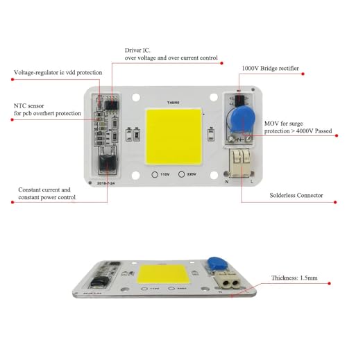 50W 220V COB High Power Royal Blue 445nm-450nm LED Lamp Chip Integrated Smart Built-in Driver Suitable for DIY LED Floodlight Headlight