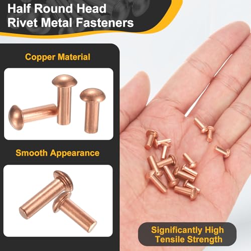 uxcell 150 Pcs Copper Solid Rivets, 0.16"x0.39" Half Round Head Rivet Metal Fasteners for Electrical Applications, Leather DIY Craft Supplies (M4x10) 0.16"x0.39"