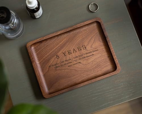 MUUJEE Ring Dish - Engraved Rectangle Wood Tray Small Jewelry Dish 5 Year Wedding Anniv Gifts Ideas (Large - 7.25" x 5.25") 5 Year Large