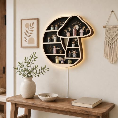 Crescent Moon Floating Shelf with LED Light, Whimsical Mushroom Wall Decor Mushroom & Moon With Led