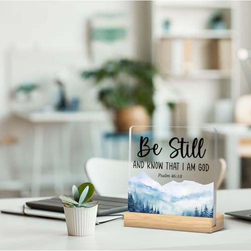 Inspirational Christian Desk Sign Gifts for Men Women - Bible Verse Decor - Be Still and Know That I Am God Psalm 46:10 Religious Acrylic Sign Desk Plaque Home Office Living Room Decor