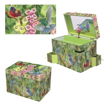 Enchantmints Birds On A Breeze Musical Jewelry Box Bird Spins to Brahms Waltz 3 Pullout Drawers Treasure Storage