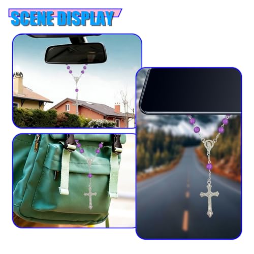 Craedli 2PCS Rosary Car Rear View Mirror Charm, Personalized Medal and Cross Automotive Interior Pendant, Universal Vehicle Mirror Hanging Ornament Accessories for Women Men(Purple) Purple