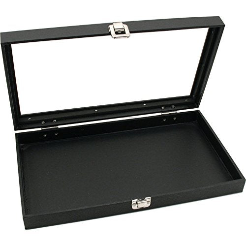 White glass top jewelry display case with 50 gem jars and trays, showcasing organized jewelry storage from FindingKing.