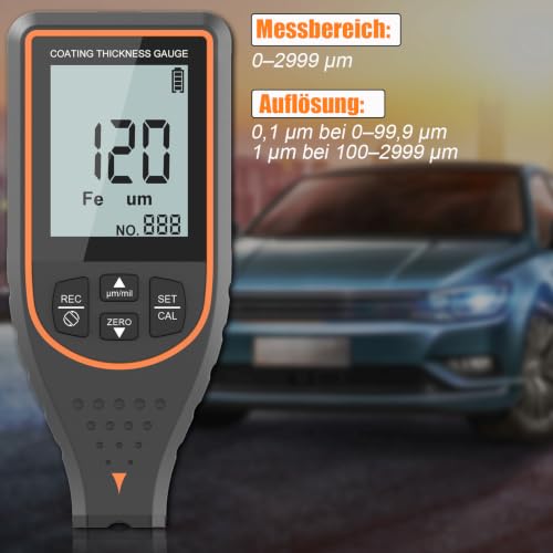 Car Paint Thickness Gauge 0-2999 µm Used Car Check and Workshop | ±2% + 2 µm accuracy, 0.1 µm resolution, Fe/NFe automatic, upper/lower limit alarm, 6-point calibration, 30 value memory