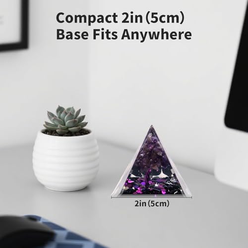 Handmade Orgone Pyramid with Natural Crystals & Mini Tree - Orgonite Healing Crystal Desk Decor for Meditation, Stress Relief-Office & Home Decor-Noir Iris
