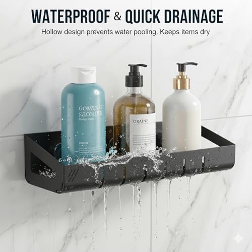 15.7 inch Suction Cup Shower Caddy - No Drill Bathroom Organizers And Storage, Rustproof Carbon Steel Shower Shelves - Black