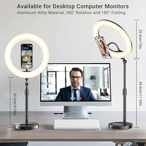 Desk Ring Light with Magnetic Phone Holder, 10'' Video Conference Podcast Lighting Kit for Laptop Computer Monitor Zoom Call Streaming, 3 Color LED Halo Light with Adjustable Stand for Home Office 10inch