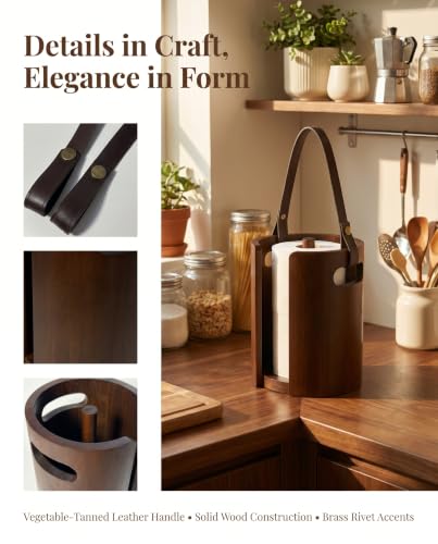 Wooden Paper Towel Holder, Wood Paper Towel Holder Countertop with Anti-Slip Base, Leather Handle and Splash Guard Plate for Kitchen and Bathroom, Living Room, RV