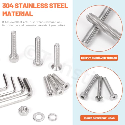 Tanstic 1048pcs M3 M4 M5 Hex Socket Head Cap Machine Screws Set, 304 Stainless Steel Flat Head Socket Cap Screws, Button Head Socket Cap Screws for Industrial Machinery M3/M4/M5