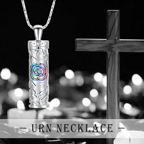 Rose Flower Urn Necklace Cylinder Bar Urn Necklace for Ashes Pendant Necklace Keepsake for Ashes Memory Keepsake Cremation Jewelry for Women Memorial Rainbow
