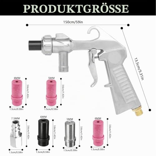 Sandblasting Gun Compressed Air Set, Sand Blasting Gun Kit with 1 m Rubber Hose, Sand Blaster with Nozzles of Various Calibres, for Sandblasting Device for Professional and DIY Projects