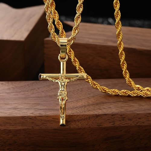 Cross Necklace for Men and Women, 18K Gold Plated Cord Necklace with Cross Pendant, Catholic Jesus Cross Pendant, Religious Gift for Easter, Father's Day, Christmas