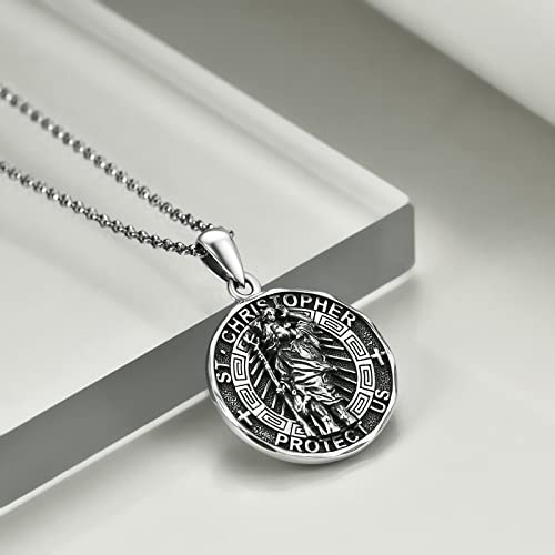 YFN Patron Saint Necklace Sterling Silver Amulet Medal Pendant Religious Jewellery Gift for Men Women 2-St Christopher (Round)-Silver