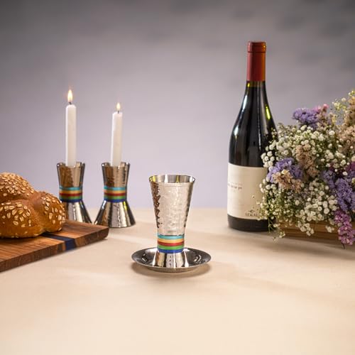Yair Emanuel Nickel Kiddush Cup and Plate 5 Colors | Cylinder Shape | Hammer Work Colors (CUT-1)