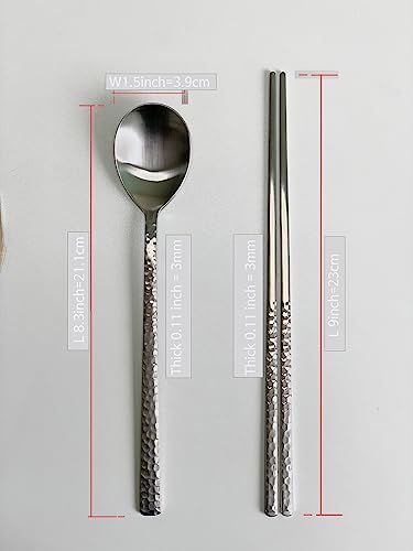 Korean Made Silver Glossy Hammered Stainless Steel Korean Spoon & Chopstick SET Gift for Mom Stocking Stuffer(4SET) 4SET