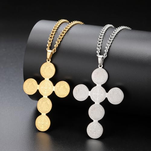 LIKGREAT Saint Benedict Cross Medal Necklace for Men Women Stainless Steel Exorcism Medal Ward Off Evil Amulet Religious Protection Jewelry 1-Gold