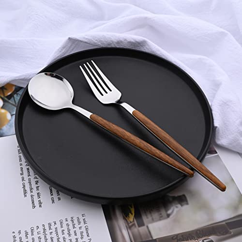 24-Piece Silverware Set for 6, Silver Mirror Polished Stainless Steel Flatware Set, Wooden Effect Handle Utensil Set for Home Hotel Restaurant, Family Cutlery Set Include Knife Fork Spoon Brown Silver