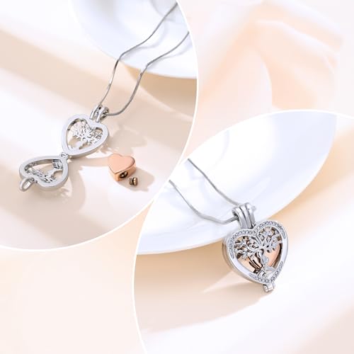 Minicremation Tree of Life Cremation Jewelry Crystal Heart Urn Ashes of Loved One Necklace for Women Funeral Memorial Keepsake Necklace Ashes Holder Silver&Rose Gold