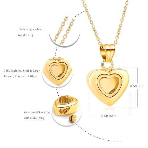 Oinsi Tiny Glass Heart Urn Necklace For Ashes For Women Girls Fashion Stainless Steel Cremation Jewelry Holder Keepskae Memroial Pendant Necklace A-Gold