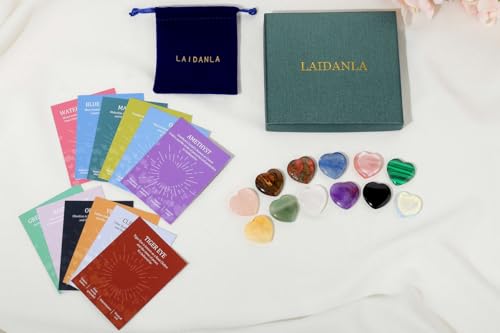 LAIDANLA 12 PCS Heart Crystals Healing Stones 1 inch Hearts Natural Gemstones Polished Bulk Heart Shaped Crystal Stone Set Rose Quartz Amethyst Reiki Meditation Gifts