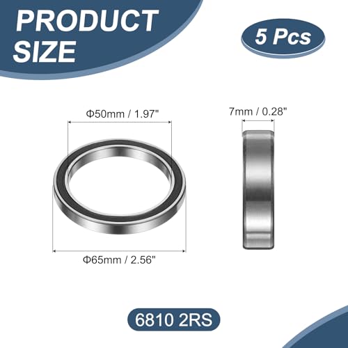 sourcing map 5 Pack 6810 2RS Deep Groove Ball Bearings, 50 x 65 x 7mm Chrome Steel Double Shield Bearing for Electric Motor, Home Appliances, Industrial Machinery, (ABEC5)