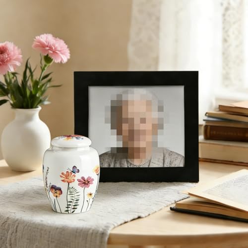 Small Keepsake Sharing Urn – Ceramic Cremation Urn for Human or Pet Ashes – Hand-Drawn Flowers Small Memorial Token Urn with Precious Gift Box Perfect Tribute & Gift for Families