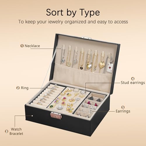 Homeanda Jewelry box 2 layer Jewelry box Leather Jewelry boxes for Women Girls Teens Jewelry organizer box Jewelry Storage box with lock(Black) Black