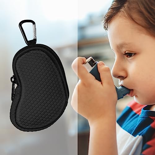 Medmax Neoprene Bag for Asthma Inhaler | Carrying Case with Carabiner Hook and Mesh Pocket Inside, Travel Holster Holder for L Shaped Asthma Inhalers (Black) Black