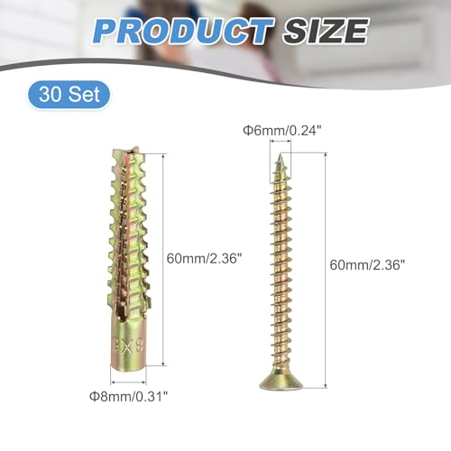 PATIKIL 30 Pcs Drywall Hollow Wall Anchors with Screws 0.24 x 2.36, Steel Dry Wall Anchors Kit for Wooden Concrete Plaster Hinge Hole Repair, Brass (8 x 60mm) 8 x 60mm