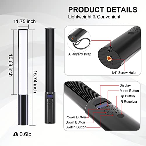 RGB LED Light Wand 360°RGB Handheld Video Light Stick for Studio Photography, Battery Powered Tube Lights, 12 Lighting Effects, 2500-6500K Dimmable Camera Light with LCD