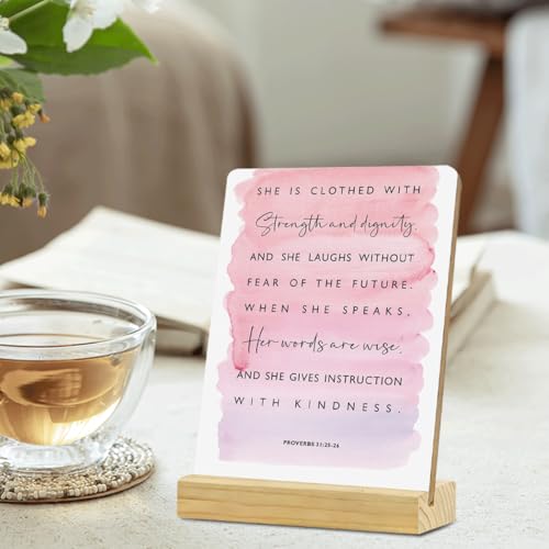 MUBIAO Inspirational Bible Verse Rustic Wooden Plaque with Stand, Proverbs 31:25-26, 4x5 Inches, Wood Material Multicolor459