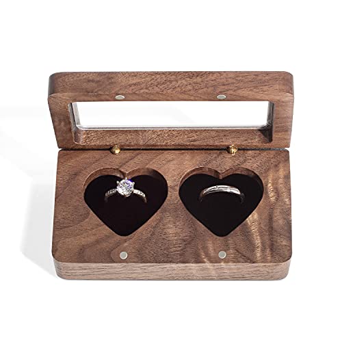 Wooden double heart wedding ring box by Wislist, walnut finish, rectangular jewelry case for engagement rings and jewelry.
