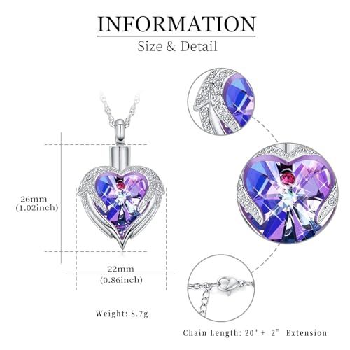 Cremation Jewelry Angel Wing Heart Urn Necklace for Ashes for Women Memorial Human Pet Ashes Pendant Silver-Purple