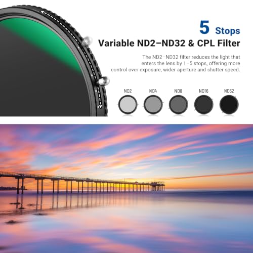 NEEWER 2 in 1 43mm Variable ND Filter ND2–ND32&CPL Filter(Circular Polarizer Filter) No X Cross/30 Layer Nano Coated/HD Optical Glass/Ultra Slim Aluminum Alloy Frame/Water Repellent/Scratch Resistant