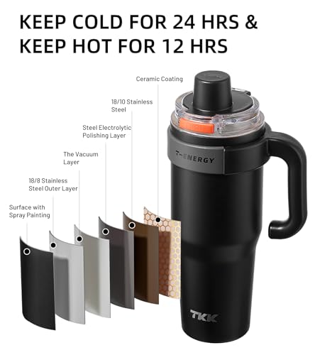 TKK 40 oz Insulated Tumblers with Handle and Straw, Stainless Steel Travel Mug with Ceramic Coating, Leak Proof Double Walled Iced Coffee Cup with Strainer for Hot & Cold Drinks, Black