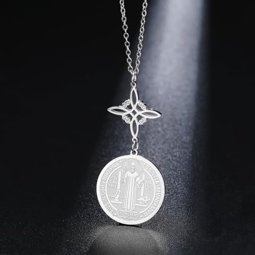 TEAMER Saint Benedict Witch Knot Pendant Necklace Double Protection St. Benedict Necklace Jesus Cross Religious Catholic Amulet Jewelry Silver No Chain
