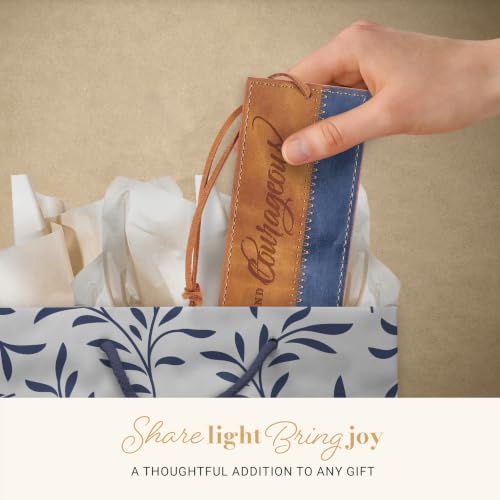 Christian Art Gifts Faux Leather Scripture Bookmark: Strong and Courageous Brown/Navy - Be Strong